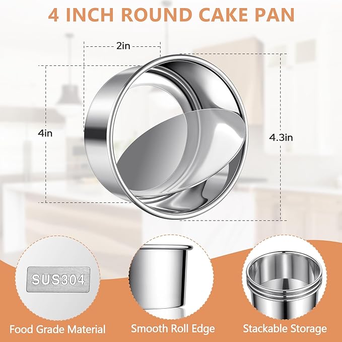 4 Inch Cake Pan Set of 4, Removable Bottom & Easy Releasing Mini Cake Pan, Leakproof & Nonstick Round Cake Pan, 304 Stainless Steel Small Cake Baking Pans, Non-Toxic & Healthy