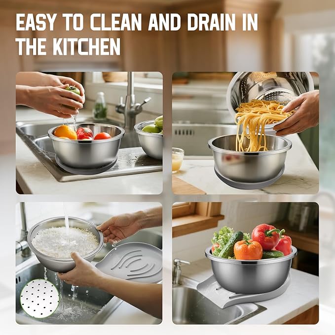 304 Stainless Steel Colander with Self-Draining Base, Goldusk 5QT Food-Grade Silicone Base Large Colander Strainer for Kitchen Pasta Strainer Washing Bowl for Pasta Rice Fruits Vegetables