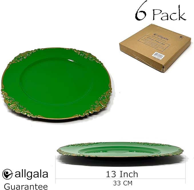 allgala Heavy Quality Round Charger Plates - Chargers for Dinner Plates - Set of Charger Plates for Table Decor - Ideal for Weddings, Thanksgiving Parties & Holidays - Floral Green (13-Inch 6-Pack)
