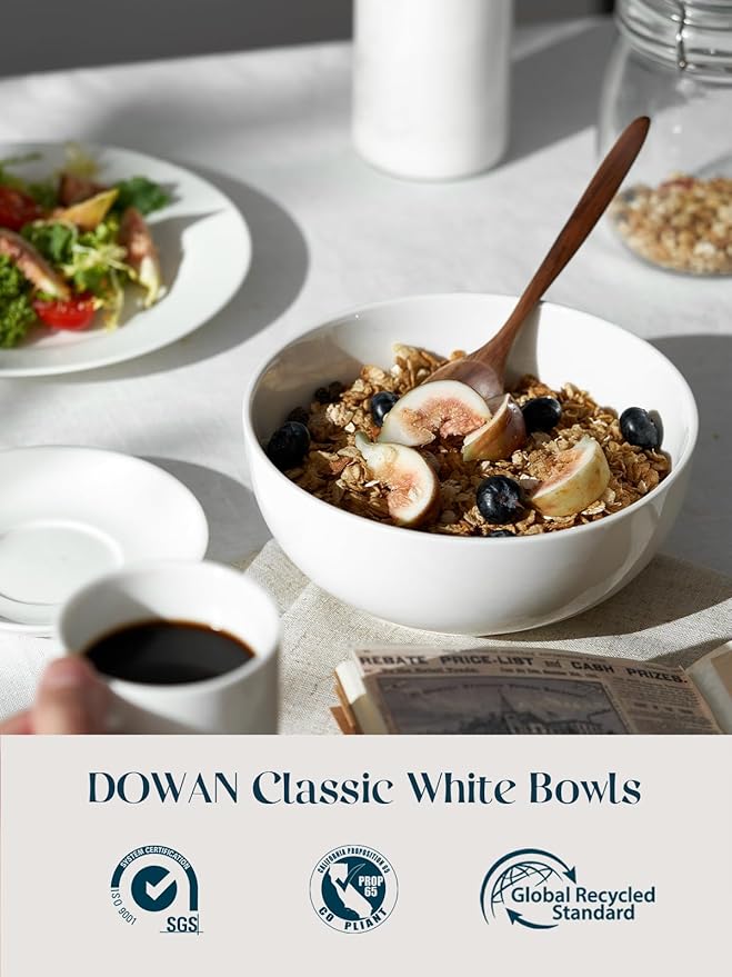 DOWAN 39 OZ Large Deep Bowls Set of 4 - White Ceramic Bowls for Ramen, Pasta, Salad, Mixed Fruit - Dishwasher & Microwave Safe (Soft White)