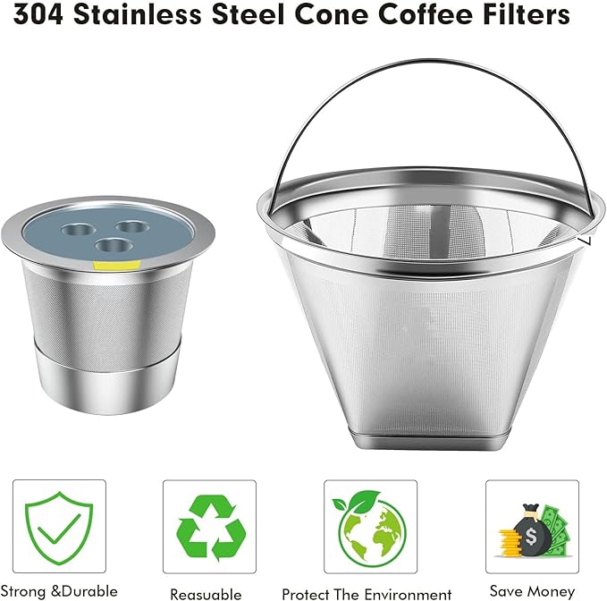 Stainless Steel Reusable Coffee Filter Compatible with Ninja Dual Brew Coffee Maker, Reusable Coffee Pods with 4 Cone Coffee Filters, Reusable k cups fit for Ninja CFP201,301