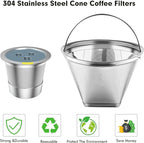 Stainless Steel Reusable Coffee Filter Compatible with Ninja Dual Brew Coffee Maker, Reusable Coffee Pods with 4 Cone Coffee Filters, Reusable k cups fit for Ninja CFP201,301