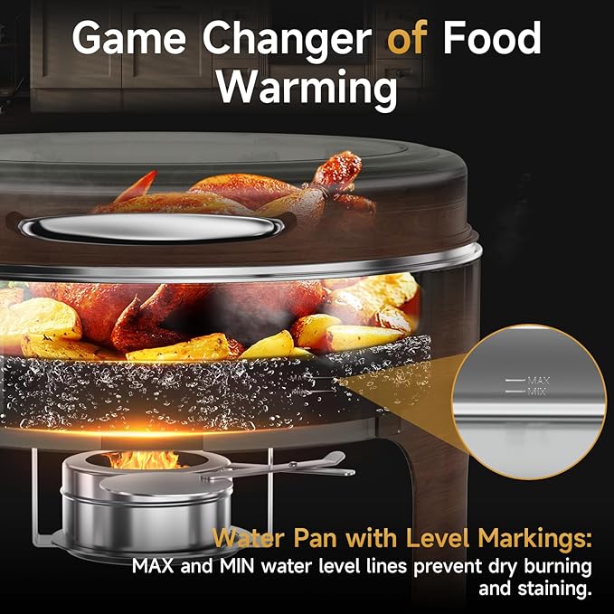 Chafing Dishes for Buffet, 6QT Round Stainless Steel Chafing Dish with Transparent Hydraulic Lid, 304 Food Pan, Buffet Warmer for Parties and Events (Wood Color)