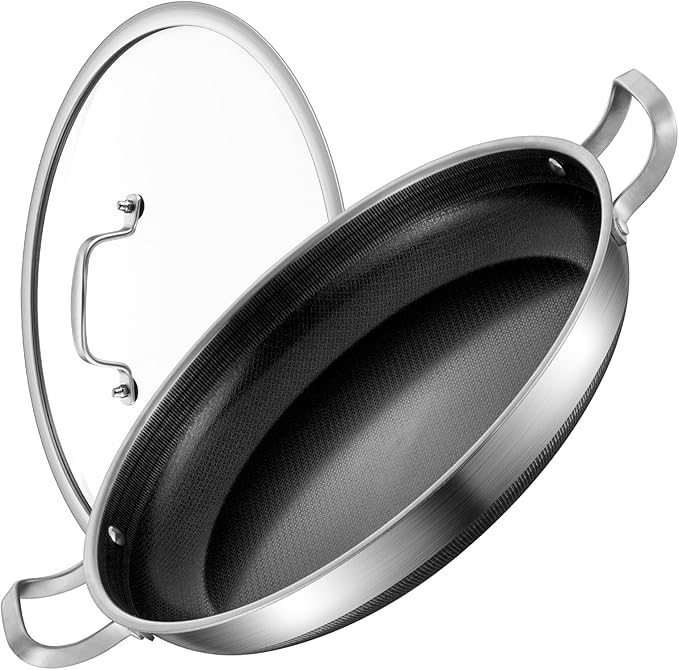 14 Inch Paella Pan with Lid, Ceramic Nonstick & Stainless Steel Induction Ready, 12-Serving Large Skillet, Oven Safe 550°F for Paella, Searing, Frying (Family Gathering & Outdoor Cooking)