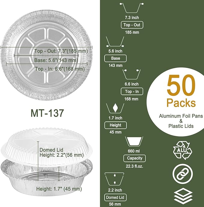 7" Aluminum Foil Pans with Clear Lids 50 Pack,Heavy Duty Disposable Containers for Roasting,Storing,Baking,Cooking, Deep Dish Pie Pans, Recyclable