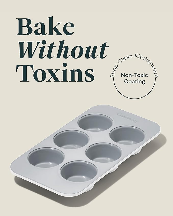 Caraway Nonstick Ceramic 6 Cup Muffin Pan – Non-Toxic, PTFE & PFOA Free – Oven Safe – Aluminized Steel Core – Small Muffin Pan for Baking Cupcakes, Muffins & More - White