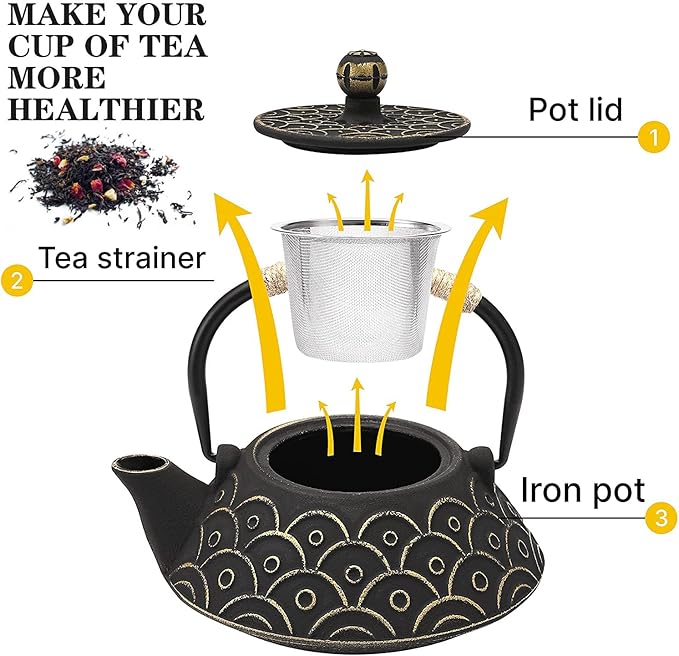 Japanese Tea Kettle Cast Iron Teapot, Teapot Infuser Strainer Set Chinese Black with Gold Wave Pattern with Stainless Steel Filter 30oz/0.9L