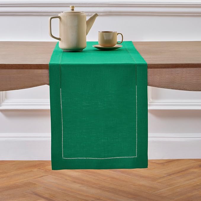 Solino Home Linen Table Runner 90 Inches Long - 100% Pure Linen Emerald Green Table Runner 14 x 90 Inch - Classic Hemstitch