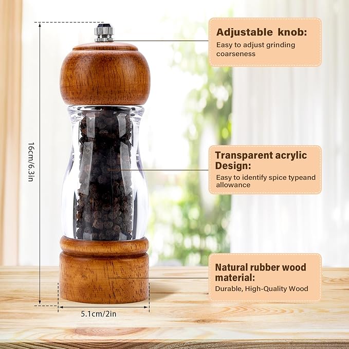 Vintage Wooden Pepper Mill Grinder- 6.3 inches Acrylic Salt & Pepper Shakers with Adjustable Coarseness, Refillable Manual Ceramic Core Grinder for Kitchen, Home, Gift