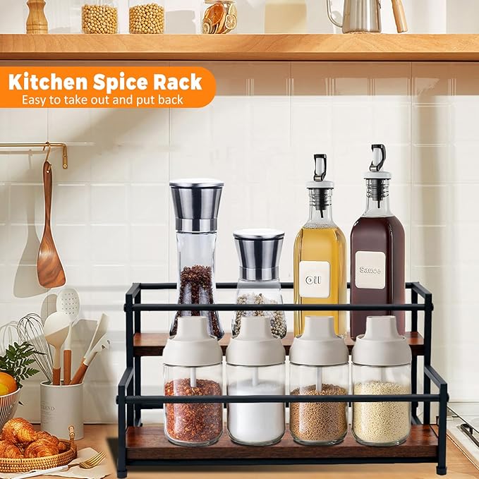 Coffee Syrup Rack Organizer - 2-Tier 10 Syrup Bottles Holder for Coffee Bar, Liquor Bottle Display Shelf - Rustic Kitchen Cabinet for Spices, Jars - Stepped Pantry Shelf for Syrup, Wine, Tea & Coffee