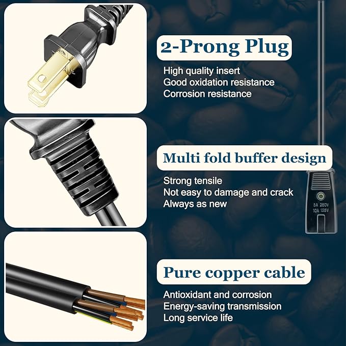 HASMX Power Cord 36" for West Bend Slow Cooker 84114 84124, Replacement Part 2pin Cord Black 3ft Length (1-Pack)