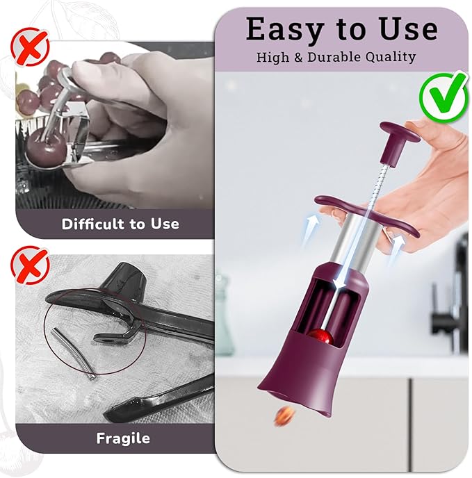 Cherry Pitter Remover Tool, Premium Quick Release Cherry Pitter, Press & Push Type, Large 33mm Cherry Seed Remover, Durable, Food Grade Stainless Steel & PP Plastic, More Labor Saving (Beet)