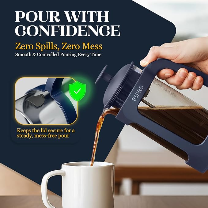 ESPRO P3 French Press Coffee Maker – Patented Double Micro-Filter for Grit-Free Brew, Heat Resistant thicker Borosilicate Glass Coffee press – Blue (32 oz)