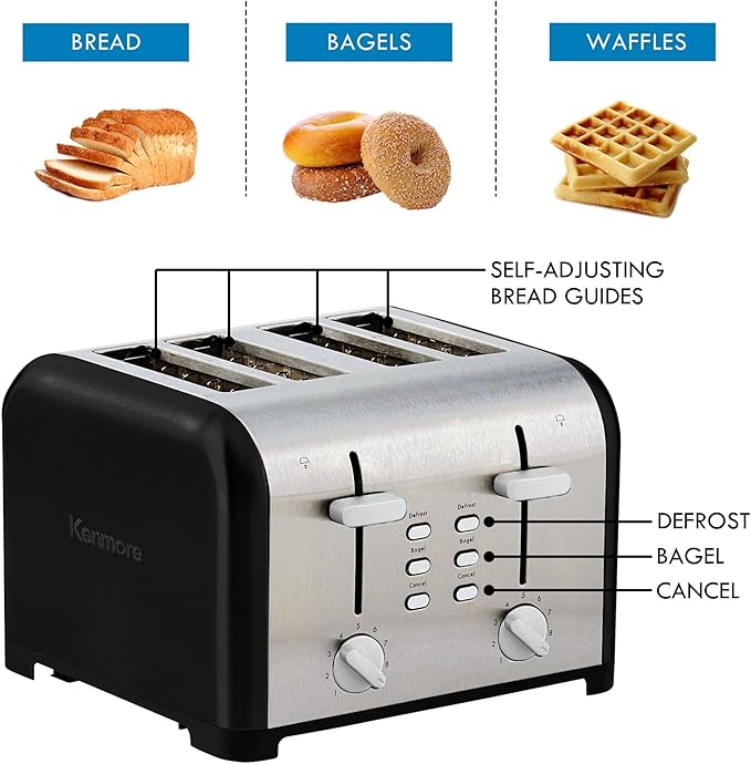 Kenmore toaster 4 slice - extra wide slot countertop kitchen appliance, defrost function, tostador de pan, 9 shade settings, compact design, easy clean crumb tray, bread bagel, stainless steel & black