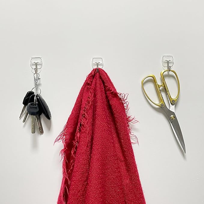 60 Hooks-70 Removable Strips,Clear Small Wire Hanger Hooks Value Pack, Damage Free Hanging Wall Hooks with Adhesive Strips, Removes Cleanly, No Tools Utility Hooks for Hanging Decorations