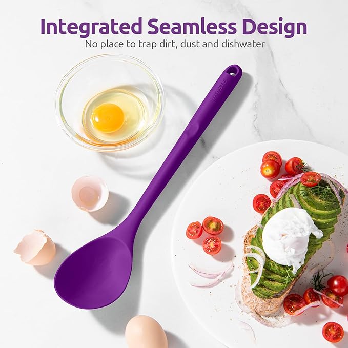 600ºF Heat Resistant Silicone Spoon: U-Taste 13.3in Solid Kitchen Cooking Spoon, Nonstick Food Grade Large & Long Soup Rubber Utensil for Mixing, Serving, Stirring, Basting, for Pot Cookware (Purple)