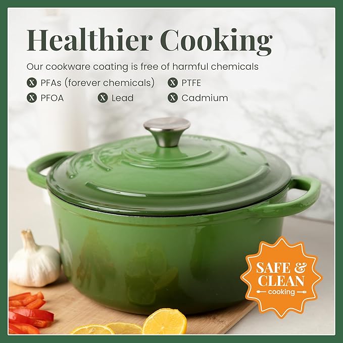 Larder & Vine Enameled Cast Iron 5.7qt Dutch Oven Pot with Lid | Bread Baking | Compatible on All Cooktops & Oven Safe to 500° F | Great for Sourdough Bread | Okra