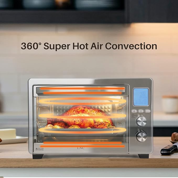 LNC Air Fryer Oven, 34QT Extra Large 1750W Toaster Air Fryer Combo, 12” Pizza Convection Oven Countertop, 12-in-1 with 4 Accessories, Stainless Steel, Silver