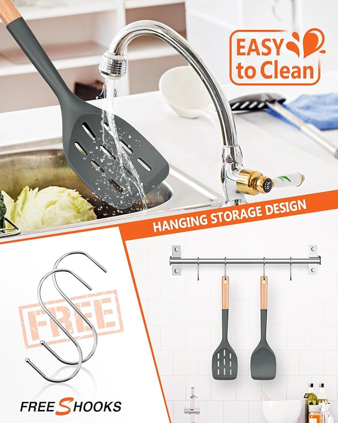 Pack of 2 Silicone Spatula, Non Stick Cooking Utensil Set Wooden Handle Kitchen Turner for Baking Mixing Grilling Serving Food Heat Resistant Non Scratch Hooks Included (Grey)