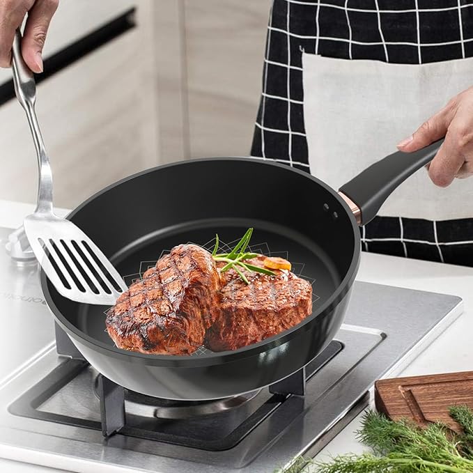 Sunhouse Ultra Titanium Nonstick Coating Aluminum Pan with 4-Layer Non-stick Coating, Non-Toxic, PTFE PFOA & PFAS Free, Stay-Cool Handle, Compatible with All Stovetops (12 inch)