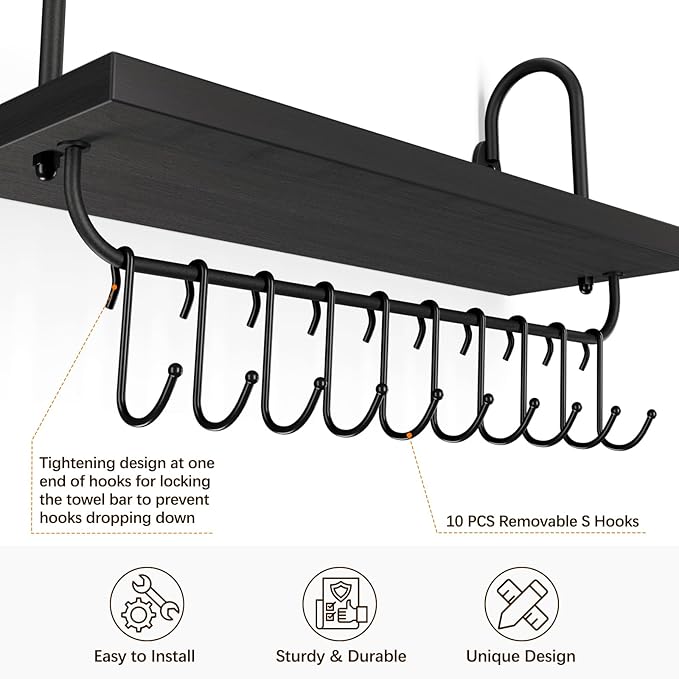 Olakee Floating Wall Shelves for Kitchen Bathroom Coffee Nook with 10 Adjustable Hooks for Mugs Cooking Utensils or Towel Rustic Storage Shelves Set of 2/17x5.9 inch (Black)