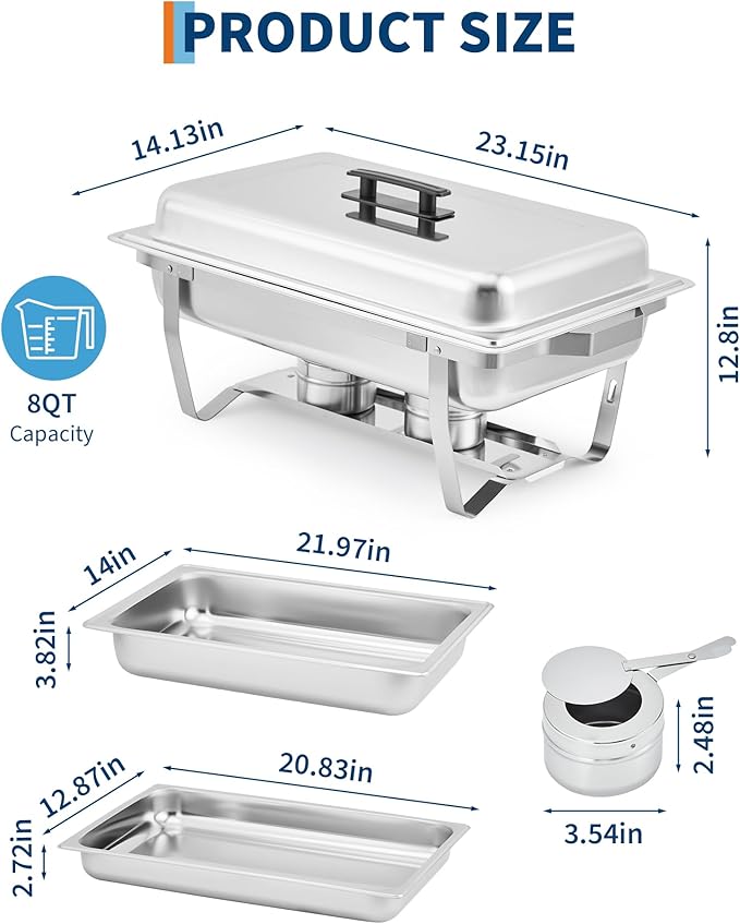 Garvee Chafing Dishes for Buffet Set of 2, 8QT Buffet Servers and Warmers Set with Lid & Foldable Frame, Rectangular Stainless Steel Chafer Food Warmer for Parties Wedding Catering Supplies, Silver