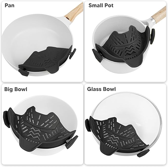 Clip On Strainer, Pot Strainer for Pasta, Vegetables, Fruit and Meat- Kitchen Silicone Strainer Colander for All Pots, Pans and Bowls (Black)