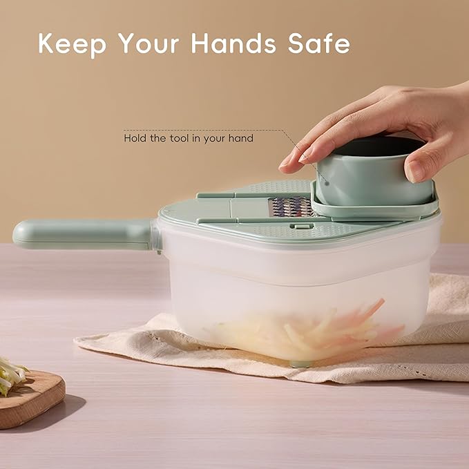 Carote Cheese Grater with Container, Kitchen Vegetable Mandoline Slicer Shredder with Interchangeable Blades, BPA-Free Container with Removable Handle, Grater for Onion, Fruit, Vegetables, Sage Green