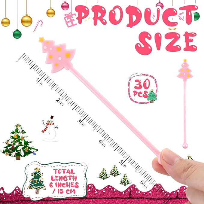 30 Pcs Christmas Drink Stirrers Xmas Stir Stick Holiday Coffee Swizzle Stick Reusable Plastic Hot Cocoa Bar Chocolate Decoration Cocktail Mixer(Christmas Tree,Pink Color)