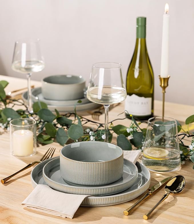 TheTerra Ceramic Dinnerware Sets with Pasta Bowls for 4, 16 Pieces Porcelain Lightweight Plates and Bowls Sets, Scratch Resistant Dish Set, Oven & Microwave & Dishwasher Safe, Desert Sage