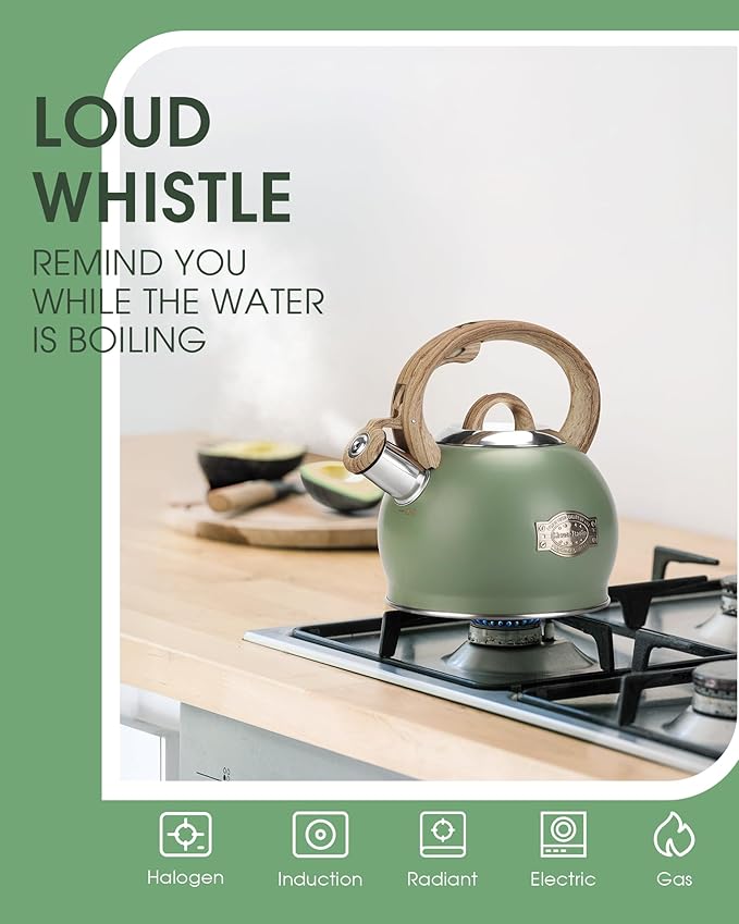 Tea Kettle Stovetop, 2.1 Quart Stove Top Whistling Tea Kettle, Teapot Kettles with Food Grade Stainless Steel and Wood Pattern Folding Handle, Suitable for All Heat Sources