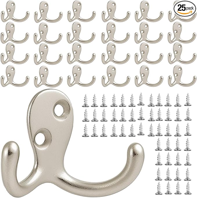 Coat Hooks Wall Hooks for Hanging - 25 Pack Silver Double Prong Hook Wall Mounted - Great for Living Room, Bedroom, Kitchen, Closet for Coat, Bag, Towel, Hat, Key, Cup, Heavy-Duty, Easy to Install