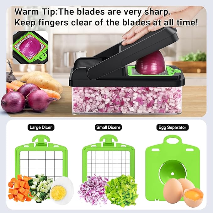 12-in-1 Vegetable Chopper, Kitchen Gadgets with 7 Blades, Veggie, Food, Onion Chopper, Cucumber Slicer, Versatile Mandoline, Includes Egg Separator & Finger Guard, Green