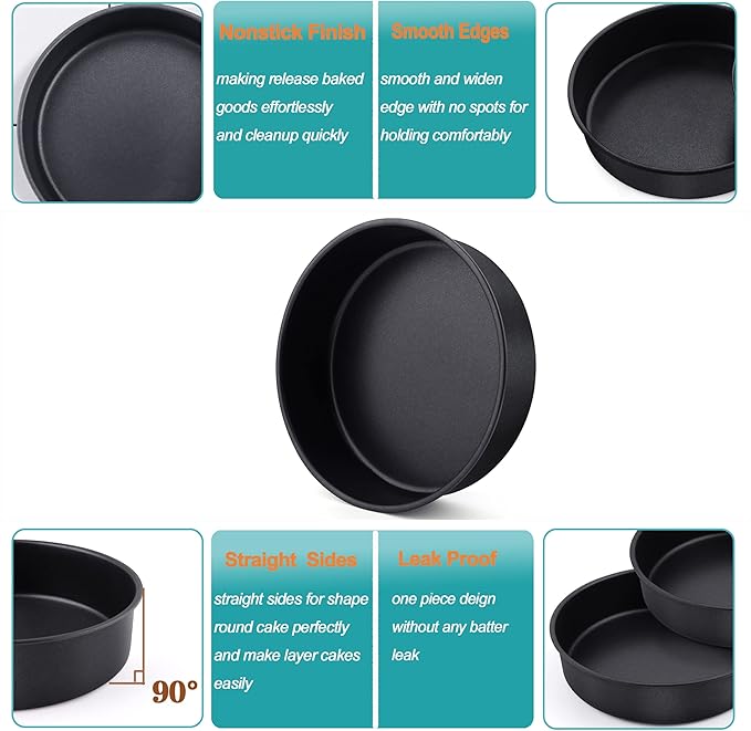 LIANYU 8 x 2 Inch Round Cake Pan Set of 3, Stainless Steel Black Nonstick Cakes Pans for Birthday Baking Wedding, Come with 90 Pieces Parchment Paper & Side Liner Roll, Dishwasher Safe