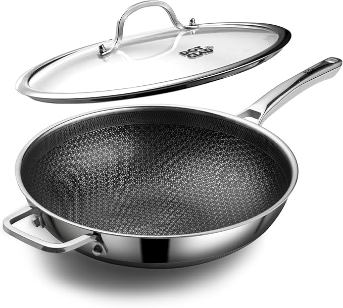 Wok pan,Hybrid 13 inch Wok with Lid, PFOA Free Cookware,non stick Stainless Steel Woks & Stir-fry pans Nonstick, Dishwasher and Oven Safe, Works on Induction