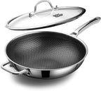 Wok pan,Hybrid 12 inch Wok with Lid, PFOA Free Cookware,non stick Stainless Steel Woks & Stir-fry pans Nonstick, Dishwasher and Oven Safe, Works on Induction