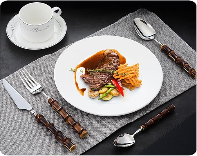 Wood Bamboo Silverware Set for 12 Cutlery Flatware Set Elegant Tableware Stainless Steel Cutlery Utensil Sets for Home Kitchen Restaurant Wooden Handle Dishwasher Safe 48 Pieces