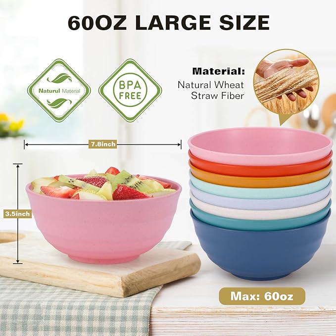 Microwave Safe Bowls 60 Oz, Deep Large Plastic Cereal Soup Bowls Set of 8, Unbreakable Reusable Wheat Straw Dinnerware Sets Dishwasher Safe BPA-Free for Kitchen Salad Ramen, Multicolor