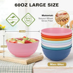 Microwave Safe Bowls 60 Oz, Deep Large Plastic Cereal Soup Bowls Set of 8, Unbreakable Reusable Wheat Straw Dinnerware Sets Dishwasher Safe BPA-Free for Kitchen Salad Ramen, Multicolor