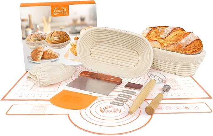 Sourdough Starter Kit - Bread Proofing Basket Set with 9.6" Oval Banneton Baskets x2, Silicone Bread Sling Baking Mat, Whisk Cutter Scraper Lame - Ideal Sourdough Bread Baking Supplies