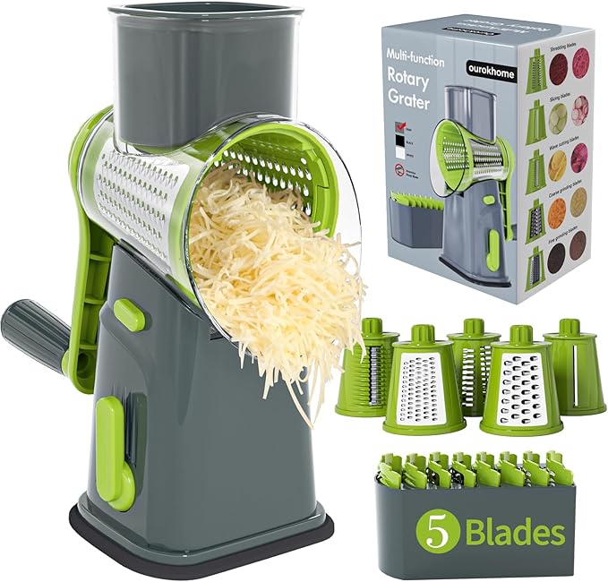Ourokhome Rotary Cheese Grater Cheese Shredder, Mandoline Vegetable Slicer with 5 Interchangeable Blades and Strong Suction Base for Fruit, Vegetables, Nuts Grey