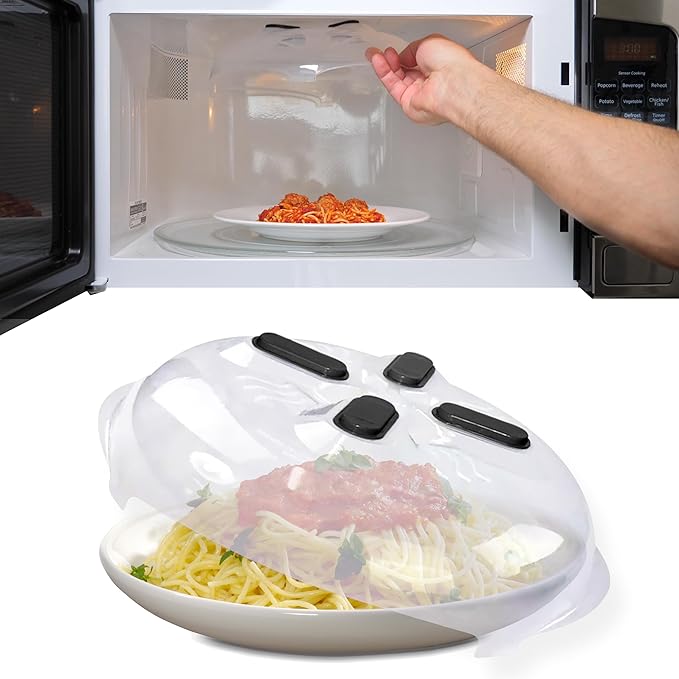 Magnetic Splatter Cover, 12-Inch Clear BPA-Free Food Lid, Vented Plate Guard with Steam Vents, Anti-Splash Microwave Lid, Dishwasher Safe, Space-Saving Magnetic Storage - Onyx 2 Pack