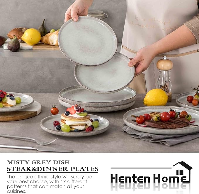 Henten Home Ceramic Dessert Plates, 8 Inch Porcelain Salad Plates Set of 4, Fluted Round Snack Plates for Kitchen, Cake Serving Stoneware Dishes, Reactive Glaze, Scratch Resistant (Grey)