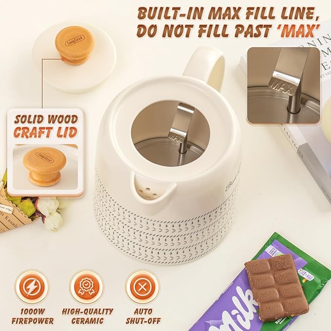 Ceramic Electric Kettle 1 Quarts, Hot Water Boiler Electric Kettles, Tea Pot with LED Light, Boil Dry Protection, Short Spout 1000W Fast Boil, Automatic Shut-off