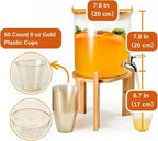 Glass Beverage Dispenser with Bamboo Stand and Lid, Iced 1.5 Gallon Drink Server with Spigot, Large Thick Glass Drink Dispenser for Parties, Hotels, Restaurants, with 9 oz 50 clear Gold Plastic Cups