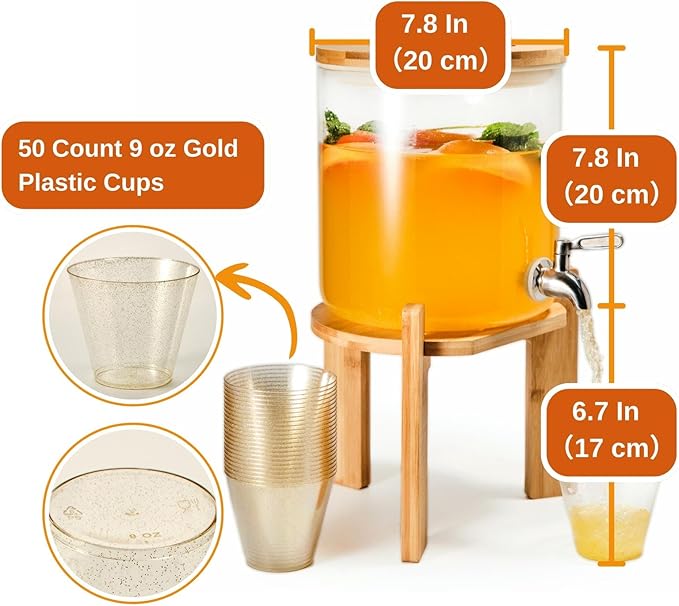Glass Beverage Dispenser with Bamboo Stand and Lid, Iced 1.5 Gallon Drink Server with Spigot, Large Thick Glass Drink Dispenser for Parties, Hotels, Restaurants, with 9 oz 50 clear Gold Plastic Cups