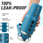 MUKOKO 32 oz Glass Tumbler with Straw,Glass Water Bottles with Time Marker,Iced Coffee Cup with Silicone Sleeve,Motivational Drinking Bottles,Leakproof-Steel Blue