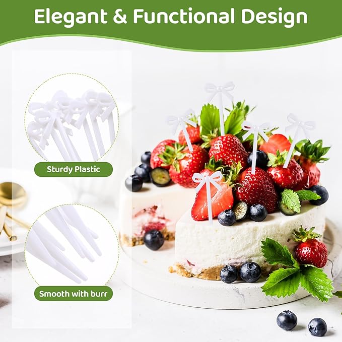 100Pcs Bow Cocktail Picks Party Toothpicks White Plastic Fruit Skewers Christmas Bow Drink Stirrers Cupcake Toppers Fancy Toothpick for Appetizers Drinks Wedding Coquette Birthday Bow Party Decor
