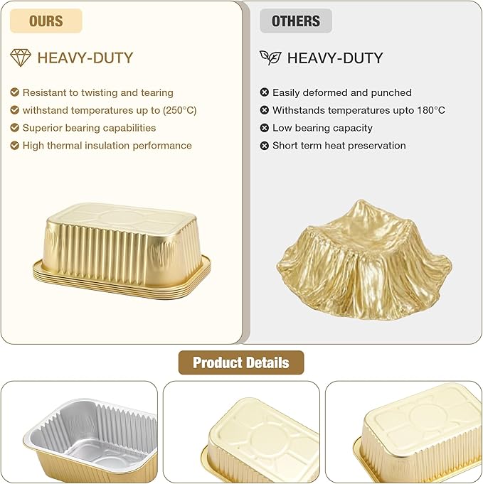 Aluminum Foil Pans, Heavy Duty Aluminum Pans, Disposable Aluminum Pans,Gold Foil Pans, Deep Container for Heating, Baking, Cooking, BBQs, Parties,Storing,Catering (930ml/31.4oz 5 Pack)
