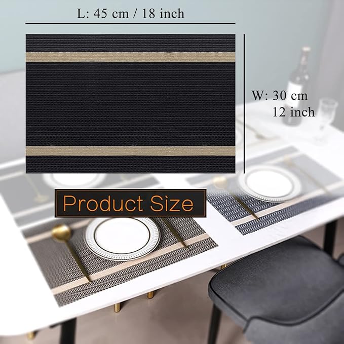 PIGCHCY Luxurious Placemats Set of 8, 18 x 12 inches Elegant Placemats Non-Slip Washable Durable Table Mats for Home/Dining Room Decoration (Black)